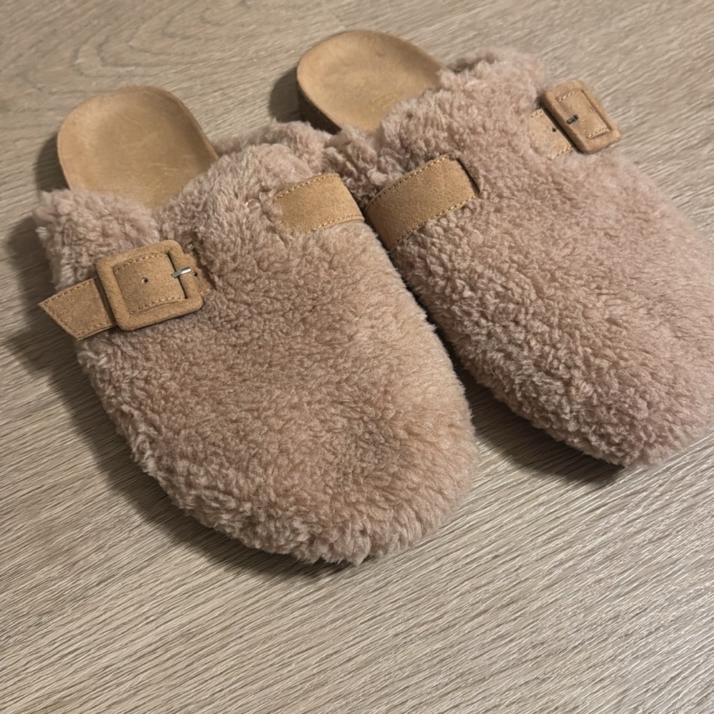 J. Crew Fuzzy Brown Mules with Buckle